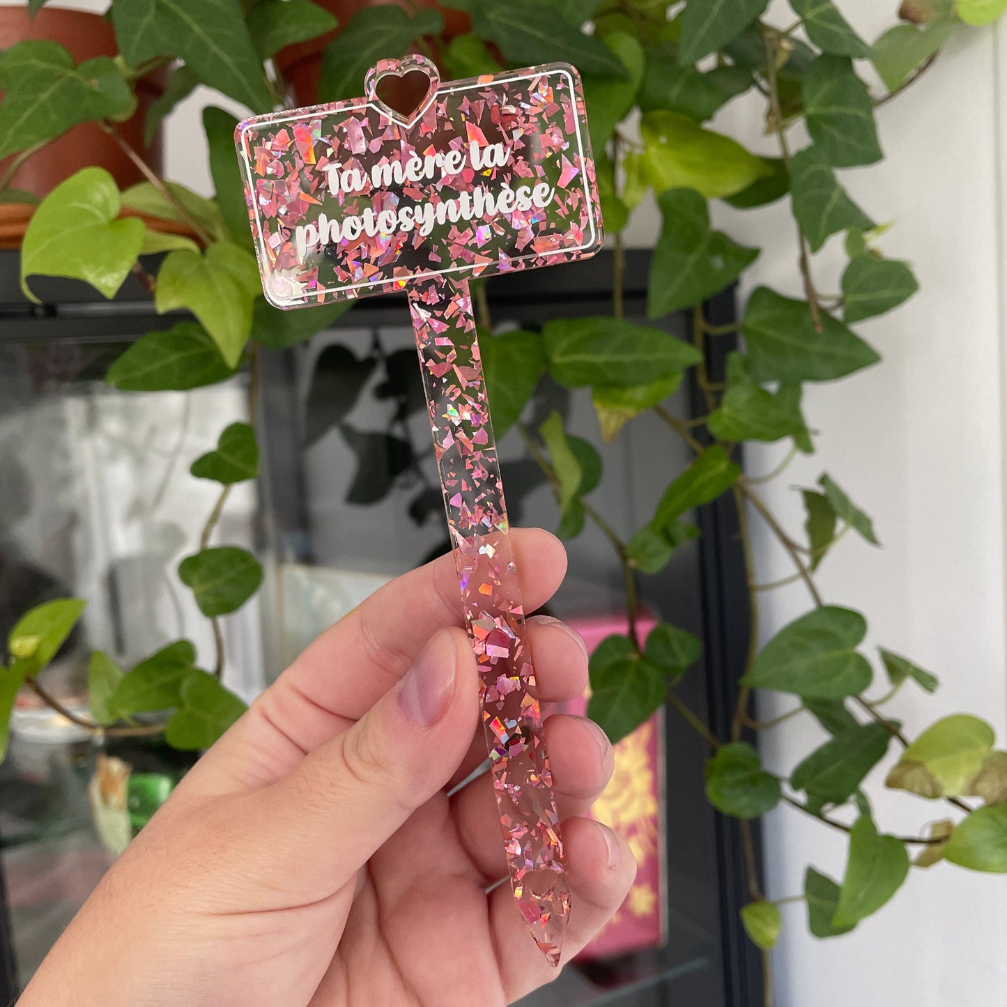 [CONTRÔLE TECHNIQUE] Pic à plante "Ta mère la photosynthèse" en acrylique transparente avec des éclats de confettis roses