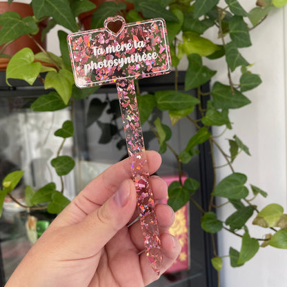 [CONTRÔLE TECHNIQUE] Pic à plante "Ta mère la photosynthèse" en acrylique transparente avec des éclats de confettis roses