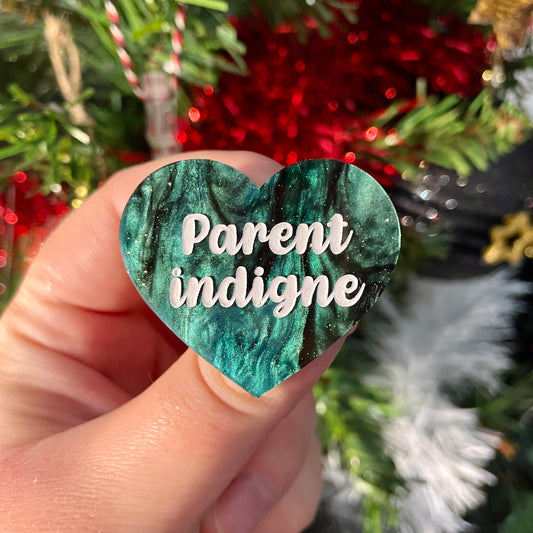 Broche "Parent indigne" en acrylique marbrée noire et verte à paillettes