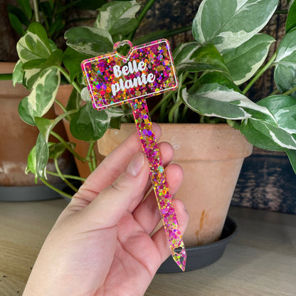 [CONTRÔLE TECHNIQUE] Pic à plante "Belle plante" en acrylique à pois jaunes et roses