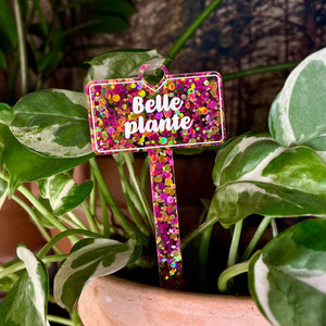 Pic à plante "Belle plante" en acrylique à pois jaunes et roses
