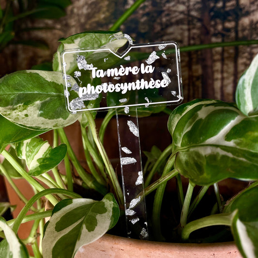 Pic à plante "Ta mère la photosynthèse" en acrylique transparente à confettis argentés