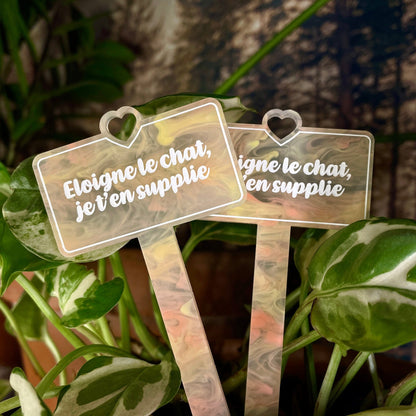 [CONTRÔLE TECHNIQUE] Pic à plante "Eloigne le chat, je t'en supplie" en acrylique marbrée jaune et orange