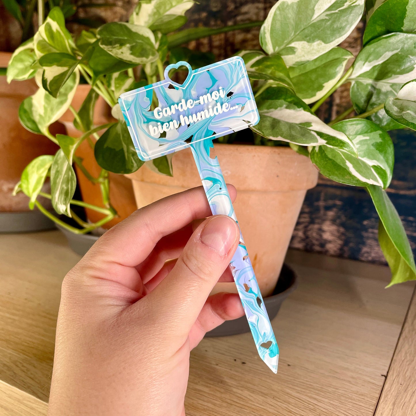 [CONTRÔLE TECHNIQUE] Pic à plante "Garde-moi bien humide" en acrylique marbrée bleue, verte, blanche et transparente