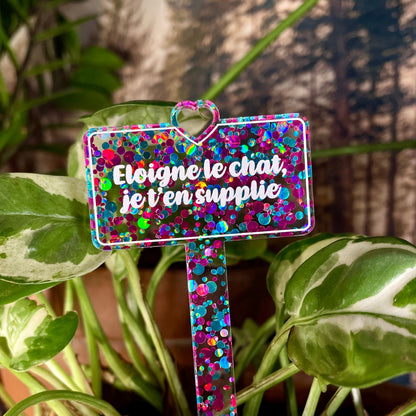 Pic à plante "Eloigne le chat, je t'en supplie" en acrylique à pois roses et bleus