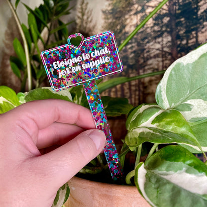 [CONTRÔLE TECHNIQUE] Pic à plante "Eloigne le chat, je t'en supplie" en acrylique à pois roses et bleus