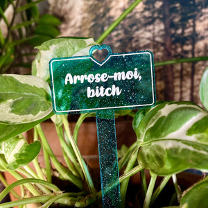 Pic à plante "Arrose-moi, bitch" en acrylique transparente bleue à paillettes