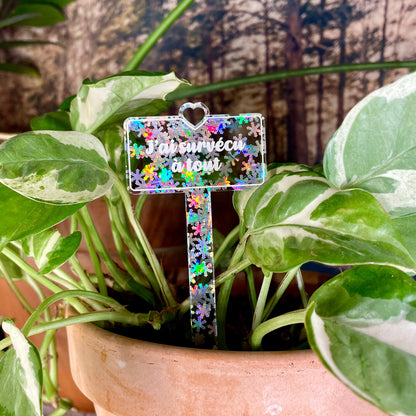 Pic à plante "J'ai survécu à tout" en acrylique transparente avec des flocons holographiques