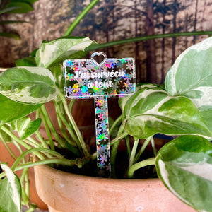 Pic à plante "J'ai survécu à tout" en acrylique transparente avec des flocons holographiques