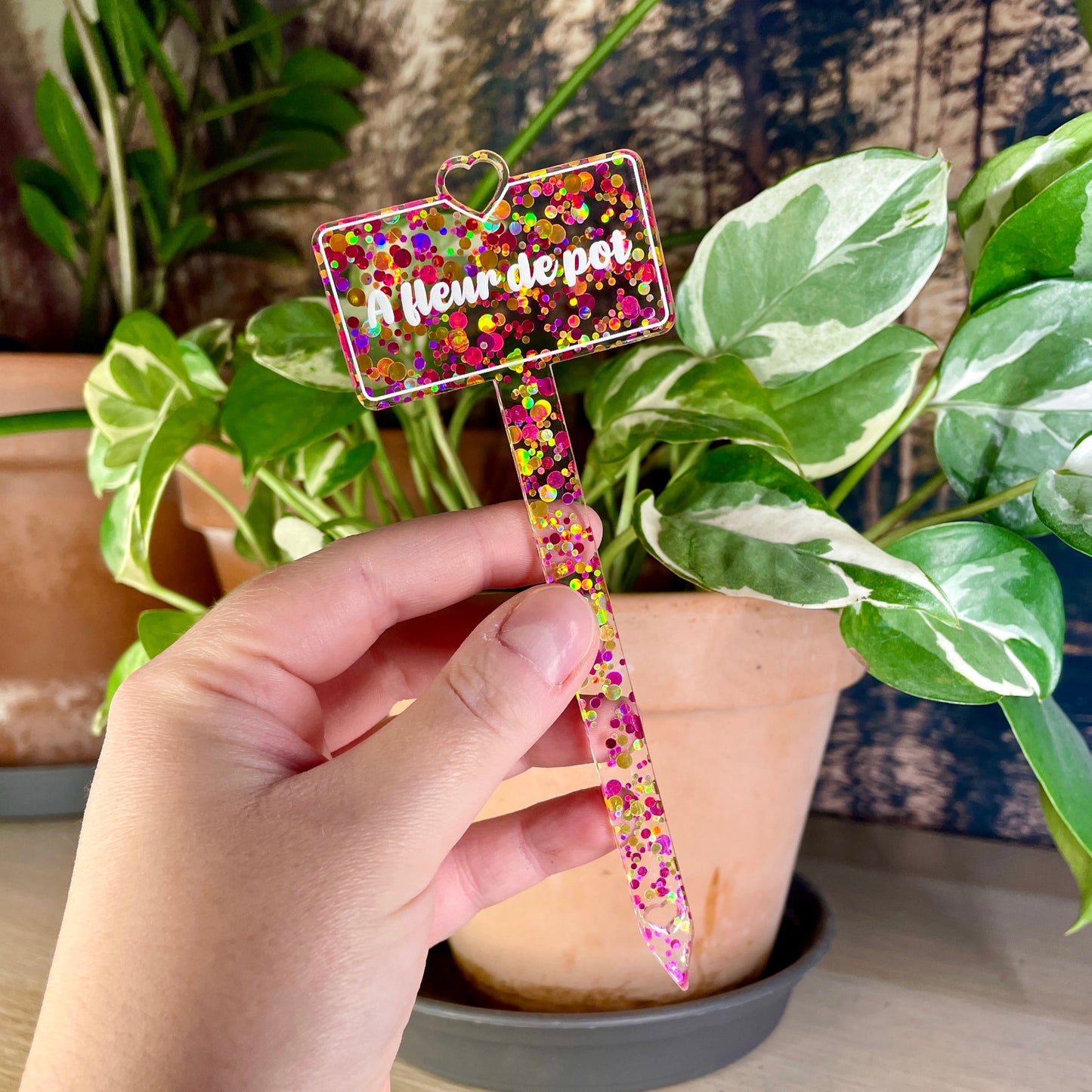 [CONTRÔLE TECHNIQUE] Pic à plante "A fleur de pot" en acrylique à pois jaunes et roses