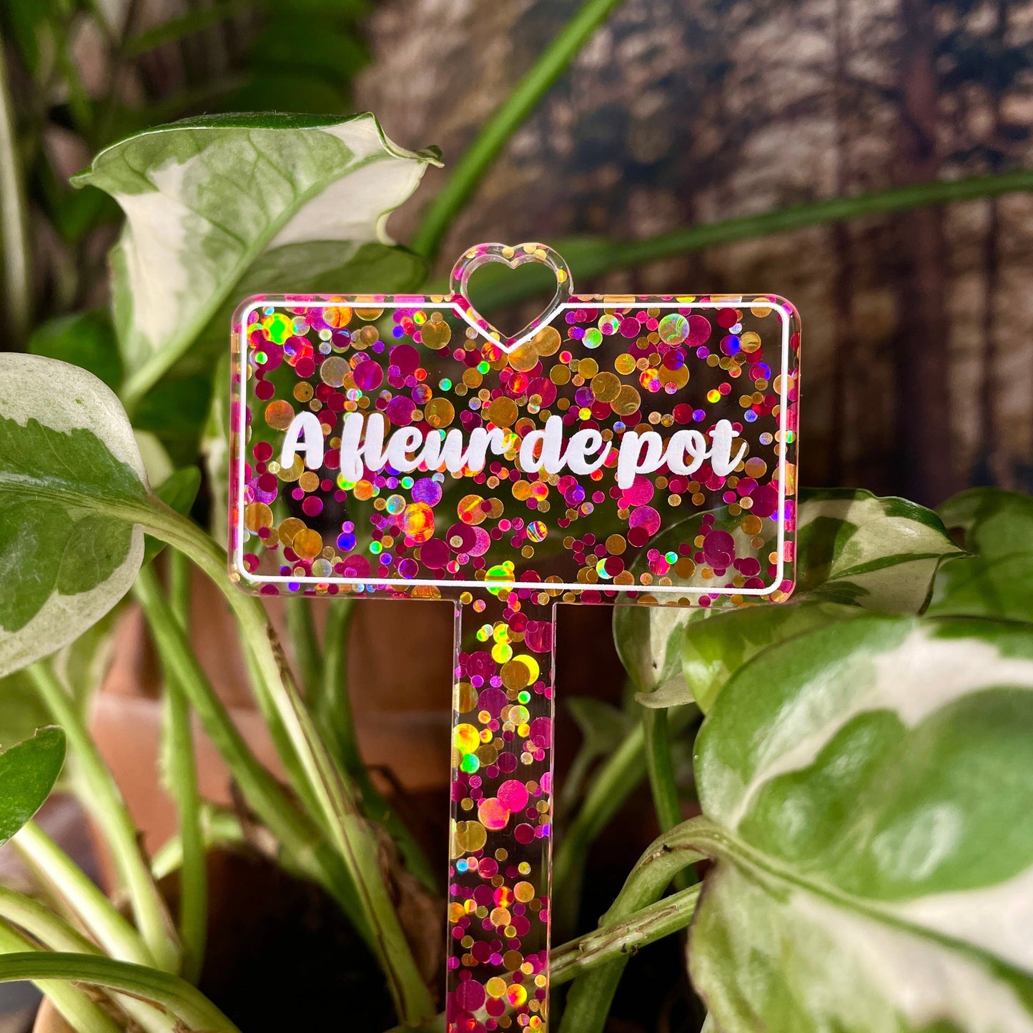 [CONTRÔLE TECHNIQUE] Pic à plante "A fleur de pot" en acrylique à pois jaunes et roses