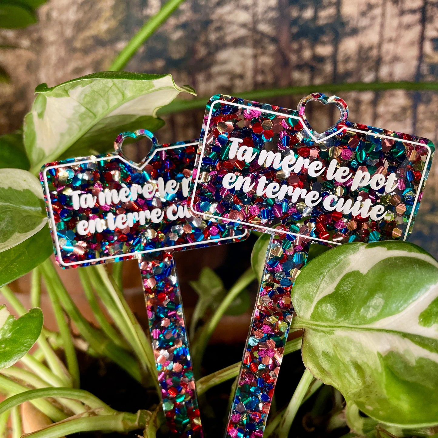 Pic à plante "Ta mère le pot en terre cuite" en acrylique à confettis multicolores
