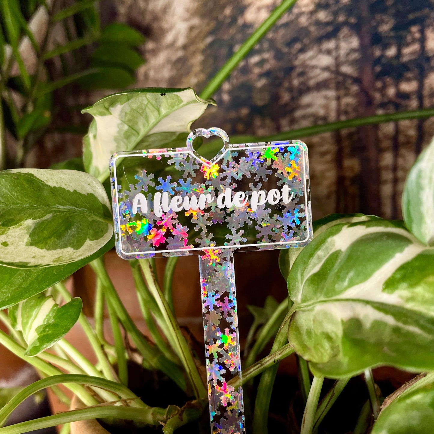Pic à plante "A fleur de pot" en acrylique transparente avec des flocons holographiques