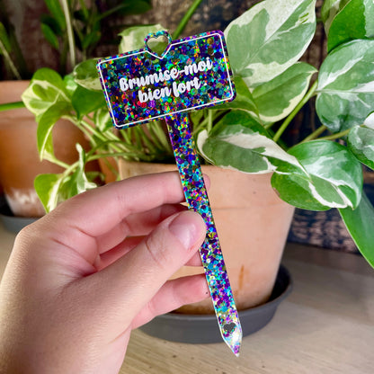 Pic à plante "Brumise-moi bien fort" en acrylique à pois violets, bleus et jaunes