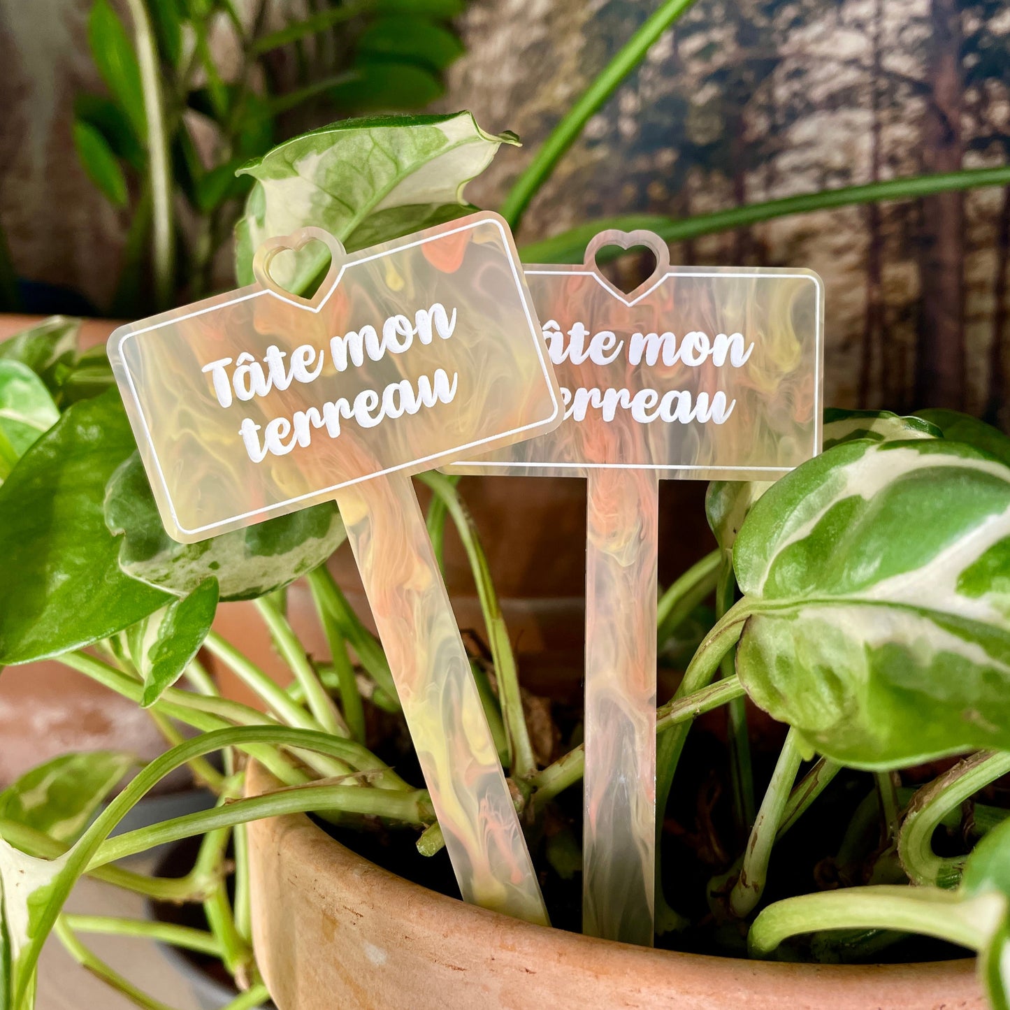 Pic à plante "Tâte mon terreau" en acrylique marbrée jaune et orange