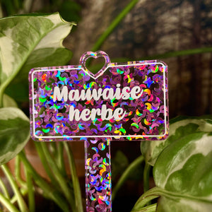 Pic à plante "Mauvaise herbe" en acrylique transparente à confettis lunes roses iridescentes