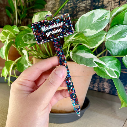 [CONTRÔLE TECHNIQUE] Pic à plante "Mauvaise graine" en acrylique à confettis multicolores