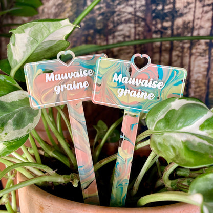 [CONTRÔLE TECHNIQUE] Pic à plante "Mauvaise graine" en acrylique marbrée pastel jaune, verte et corail