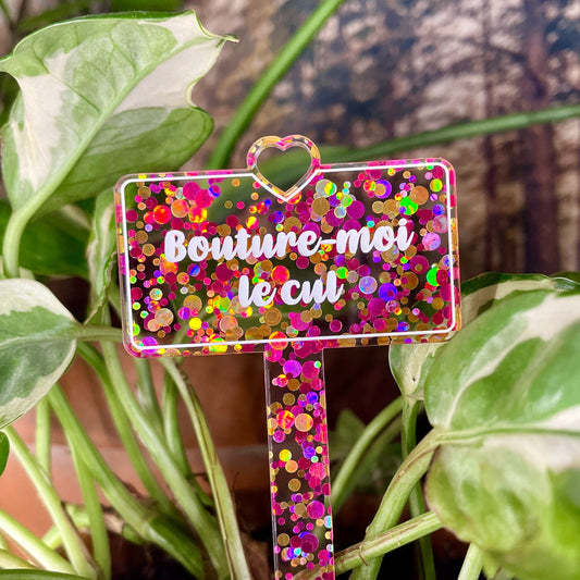 Pic à plante "Bouture-moi le cul" en acrylique à pois jaunes et roses