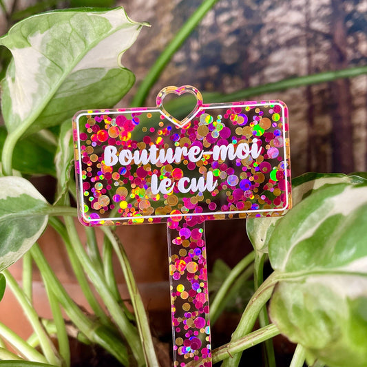 [CONTRÔLE TECHNIQUE] Pic à plante "Bouture-moi le cul" en acrylique à pois jaunes et roses