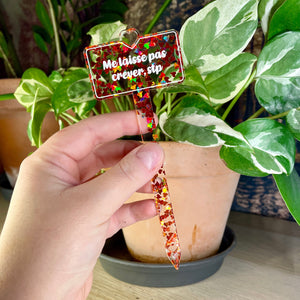 Pic à plante "Me laisse pas crever, stp" en acrylique transparente à confettis en petits coeurs oranges