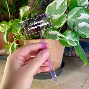 Pic à plante "Je pousse à mon rythme" en acrylique transparente violette à paillettes