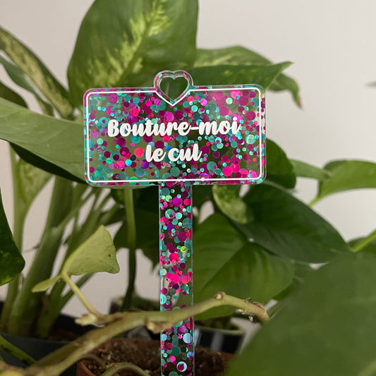 Pic à plante "Bouture-moi le cul" en acrylique à pois roses et bleus