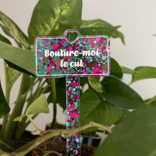 [CONTRÔLE TECHNIQUE] Pic à plante "Bouture-moi le cul" en acrylique à pois roses et bleus