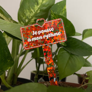 Pic à plante "Je pousse à mon rythme" en acrylique transparente à confettis en petits coeurs oranges