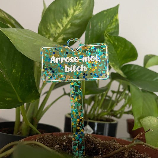 Pic à plante "Arrose-moi bitch" en acrylique transparente avec des confettis pois bleus et jaunes