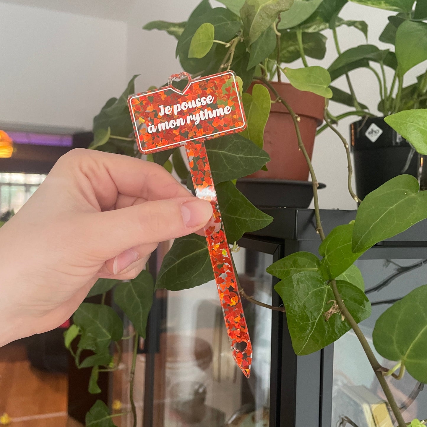 [CONTRÔLE TECHNIQUE] Pic à plante "Je pousse à mon rythme" en acrylique transparente à confettis en petits coeurs oranges