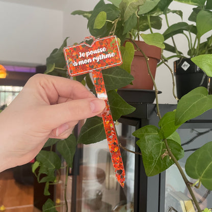[CONTRÔLE TECHNIQUE] Pic à plante "Je pousse à mon rythme" en acrylique transparente à confettis en petits coeurs oranges