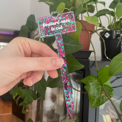 Pic à plante "Bouture-moi le cul" en acrylique à pois roses et bleus