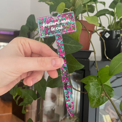 [CONTRÔLE TECHNIQUE] Pic à plante "Bouture-moi le cul" en acrylique à pois roses et bleus