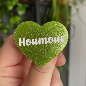 Broche "Houmous" en acrylique pailletée verte