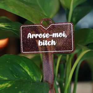 Pic à plante "Arrose-moi bitch" en acrylique transparente rose à paillettes