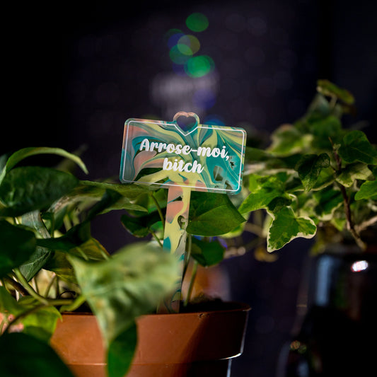 [CONTRÔLE TECHNIQUE] Pic à plante "Arrose-moi, bitch" en acrylique marbrée pastel jaune, verte et corail