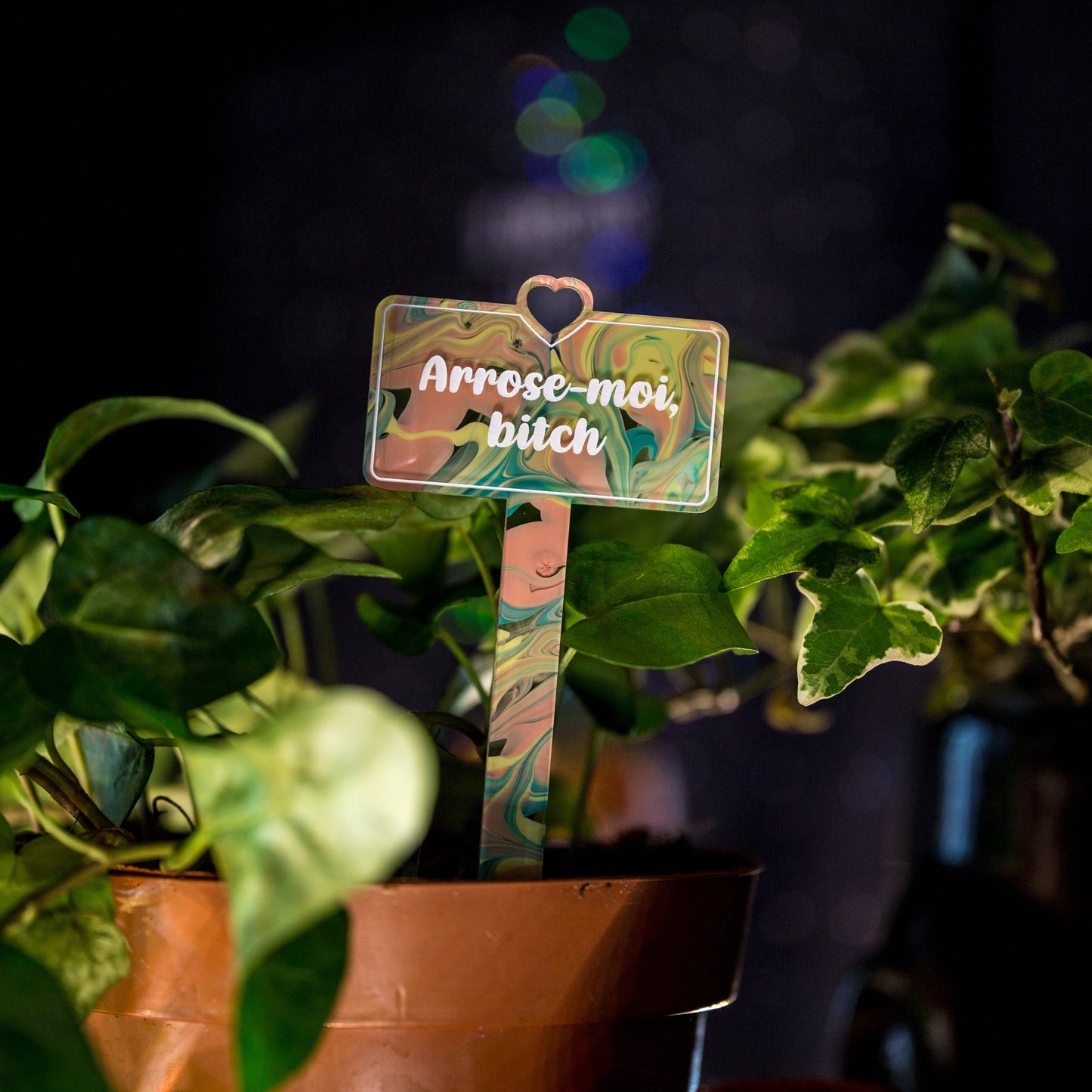 [CONTRÔLE TECHNIQUE] Pic à plante "Arrose-moi, bitch" en acrylique marbrée pastel jaune, verte et corail