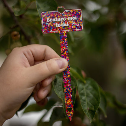 [CONTRÔLE TECHNIQUE] Pic à plante "Bouture-moi le cul" en acrylique transparente à confettis lunes et étoiles