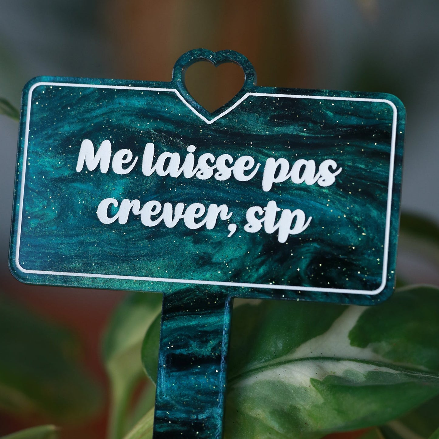 Pic à plante "Me laisse pas crever, stp" en acrylique marbrée verte et noire à paillettes