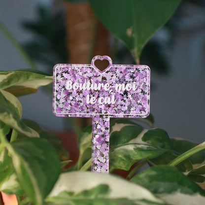 [CONTRÔLE TECHNIQUE] Pic à plante "Bouture-moi le cul" en acrylique transparente à confettis étoiles et coeurs blancs et mauves