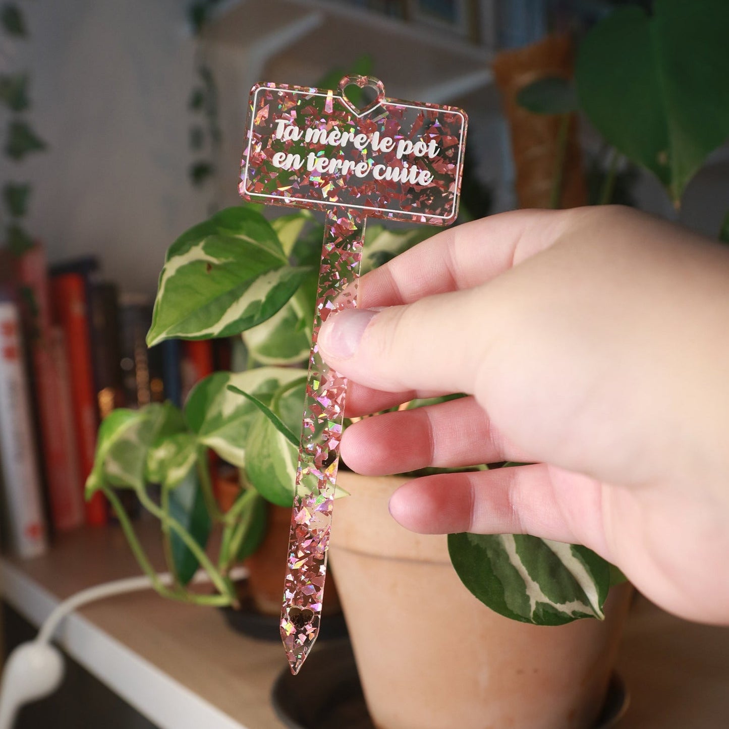 [CONTRÔLE TECHNIQUE] Pic à plante "Ta mère le pot en terre cuite" en acrylique transparente avec des éclays de confettis roses