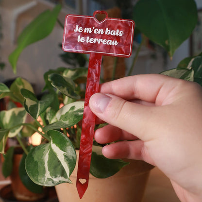 [CONTRÔLE TECHNIQUE] Pic à plante "Je m'en bats le terreau" en acrylique marbrée rouge