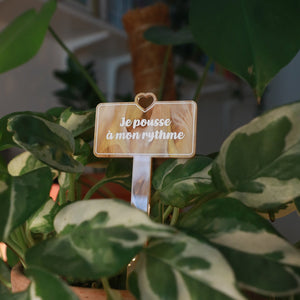 Pic à plante "Je pousse à mon rythme" en acrylique marbrée caramel, blanche et transparente