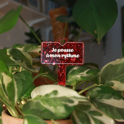[CONTRÔLE TECHNIQUE] Pic à plante "Je pousse à mon rythme" en acrylique à gros confettis rouges