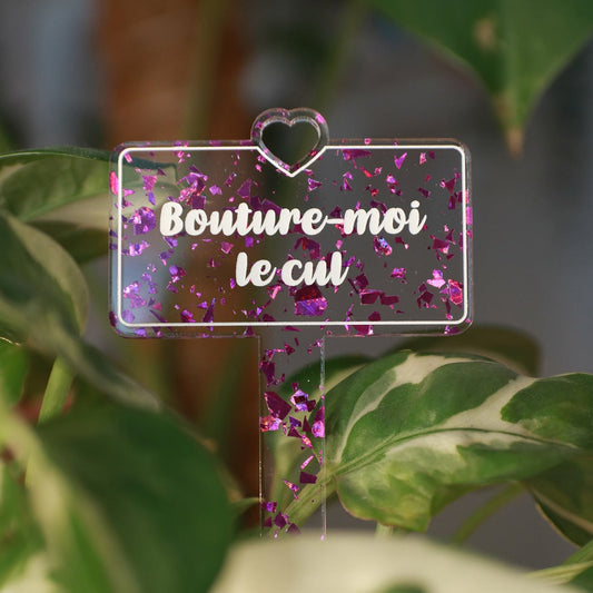 [CONTRÔLE TECHNIQUE] Pic à plante "Bouture-moi le cul" en acrylique transparente avec des éclats de confettis violets