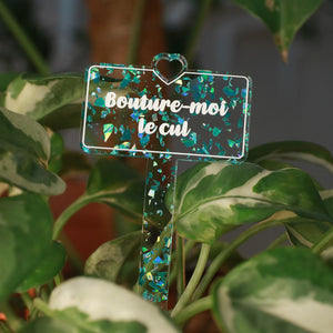 Pic à plante "Bouture-moi le cul" en acrylique transparente avec des éclats de confettis turquoise